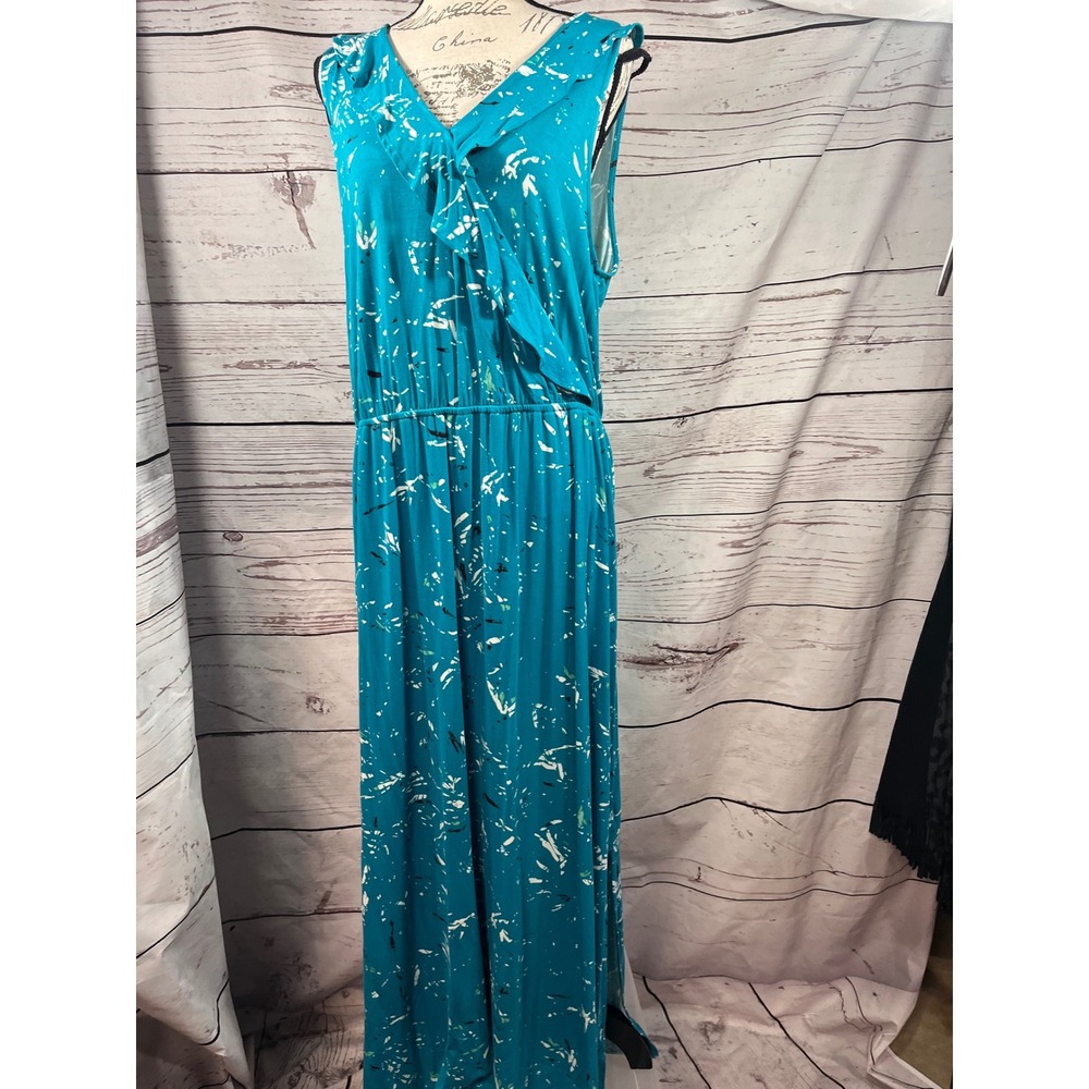 Apt 9 Womens Teal Abstract Splatter Ruffle V-Neck Maxi Dress Size XXL New